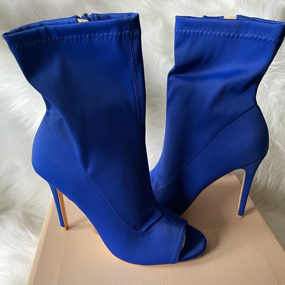 NEW ROYAL BLUE OPEN TOE SPANDEX 4” HEEL BOOTIES - Picture 4 of 5